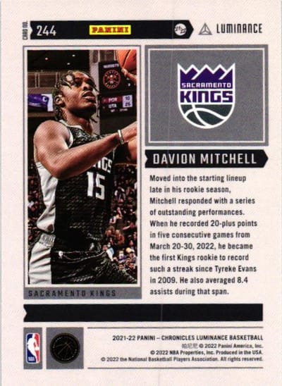Tarjeta de Novato de Davion Mitchell - Luminance (reverso)